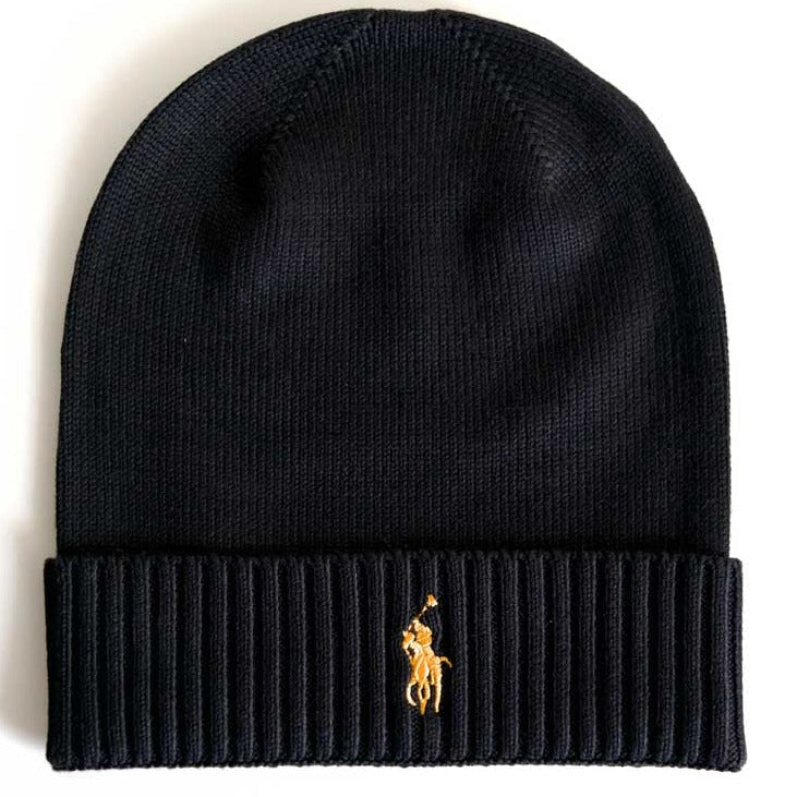 Ralph Lauren Unisex Black Beanie With Gold Pony